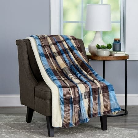Somerset Home 70"x60" Poly Fleece Sherpa Blanket - Oversized Plush Woven Polyester Soft Throw Blanket for Couch, Bed and Sofa (Blue/Brown)