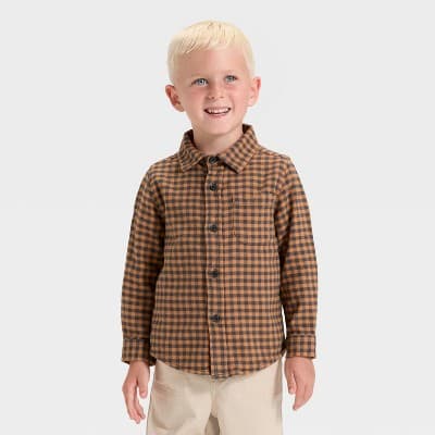 Toddler Boys' Long Sleeve Checkered Woven Shirt - Cat & Jack™ Brown/Black 12M