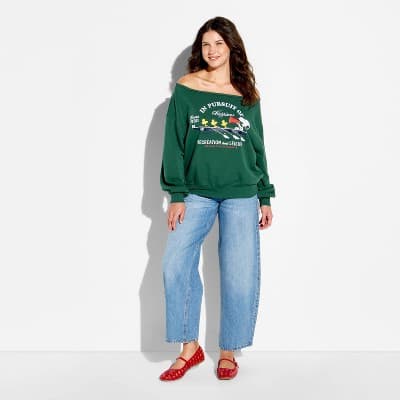 Women's Peanuts Off the Shoulder Graphic Pullover Sweatshirt - Dark Green XS