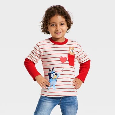 Toddler Boys' Bluey Valentines Long Sleeve 2Fer T-Shirt - Red 12M