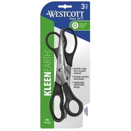 Westcott Kleen Earth 8" Straight Recycled Stainless Steel Scissors, Black, 3 Pack, for High School