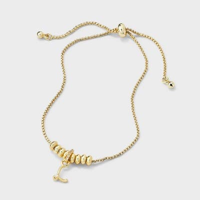 14k Gold Dipped Letter "L" Twist Initial with Cubic Zirconia Bail Bolo Bracelet - A New Day™ Gold