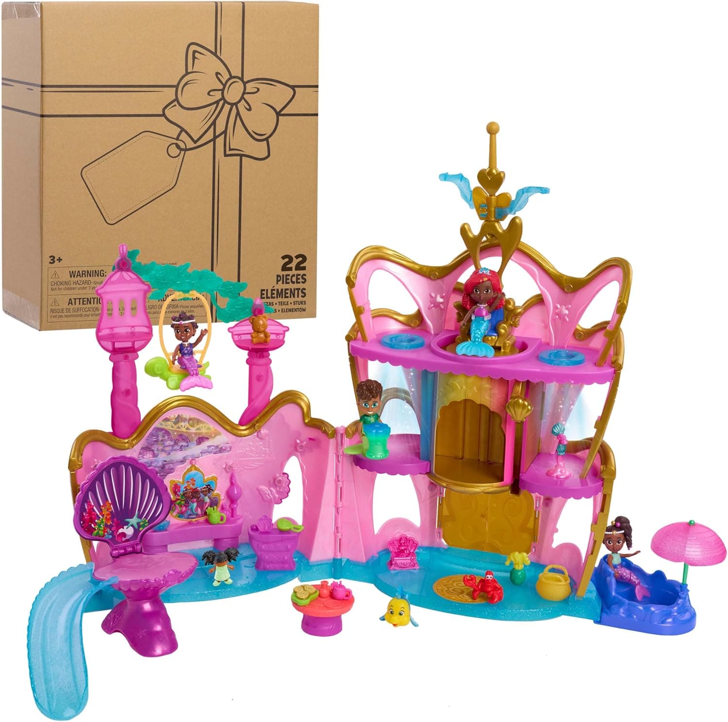 Disney Junior Ariel Deluxe Atlantica Palace Playset and 4-inch Figures, Lights and Sounds, 22-pieces, Bonus Pieces, Kids Toys for Ages 3 Up by Just Play