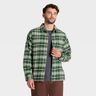 Men's Vintage Heavy Weight Flannel Long Sleeve Shirt - Goodfellow & Co™ Green Plaid S