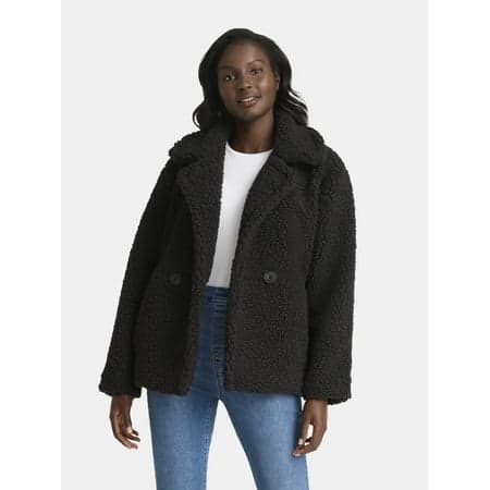 Time and Tru Women's and Women's Plus Teddy Double Breasted Jacket, Sizes XS-3X