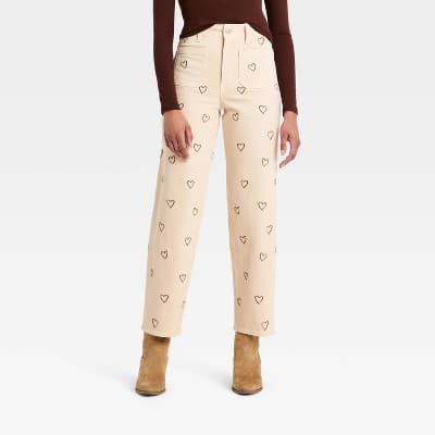 Women's Sailor Straight Heart Embroidered High-Rise Ankle Jeans - Universal Thread™ Cream 12