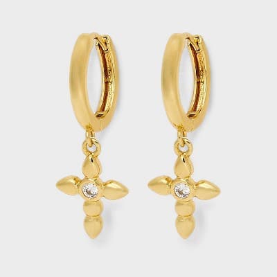 14K Gold Plated Cubic Zirconia Cross Charm Earrings - A New Day™ Gold