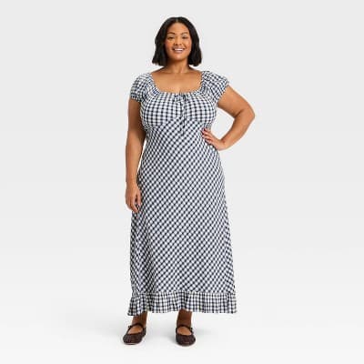 Women's Puff Short Sleeve Maxi Sundress - Universal Thread™ Navy Blue Gingham XXL