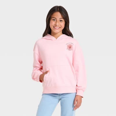 Girls' French Terry 'Flower' Hoodie Graphic Pullover Sweatshirt - Cat & Jack™ Light Pink M