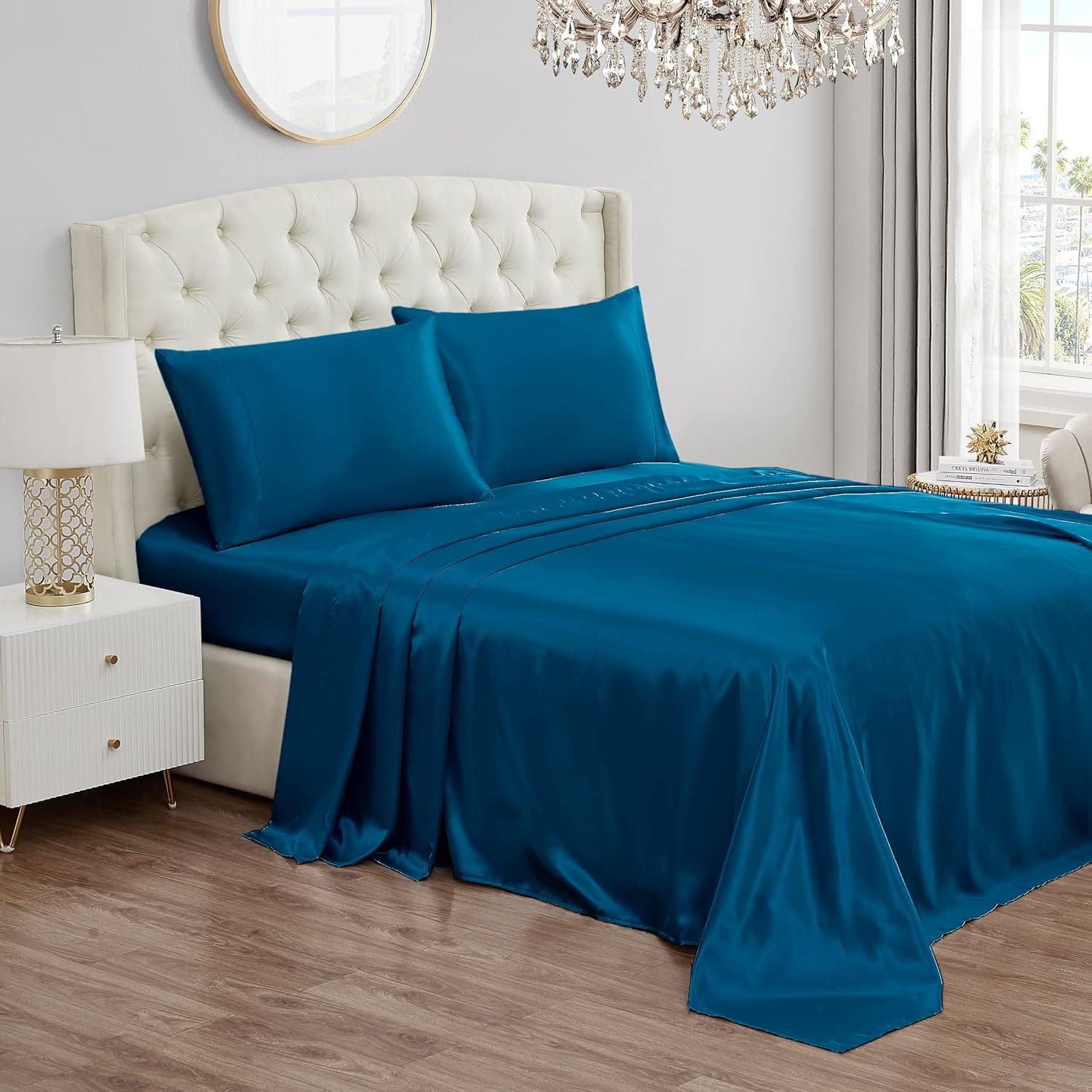 Juicy Couture Full Size Satin Bed Sheet Set, Deep Pocket Full Sheet Set with 1 Fitted Sheet, 1 Flat Sheet and 2 Pillow Case, Wrinkle Resistant and Anti Pilling Bed Sheets - Royal Blue