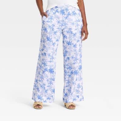 Women's Linen Wide Leg Pull-On Pants - A New Day™ Blue/White Toile M Short