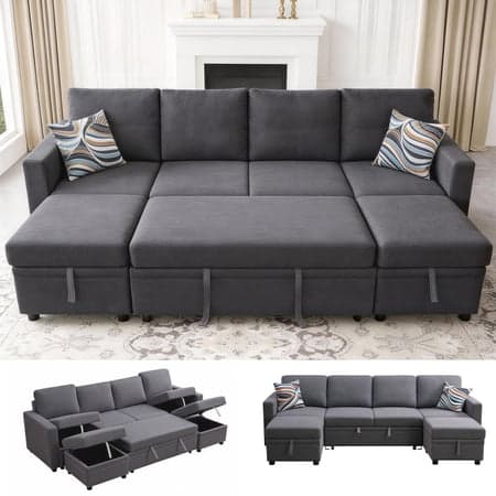 AENKYO 102" U-Shaped Sectional Sofa Bed, Linen Pull Out Sleeper Couch with Storage Seats for Living Room，Dark Gray