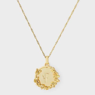 14k Gold Dipped Floral Etched Initial "F" Round Tag Pendant Necklace - A New Day™ Gold