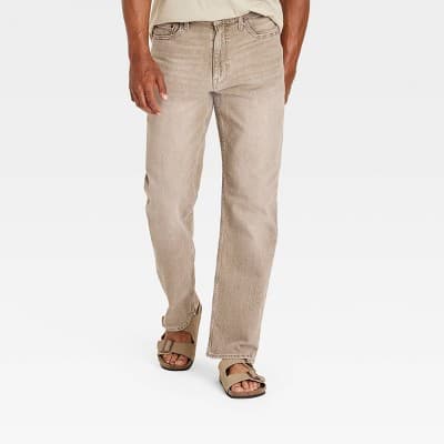 Men's Relaxed Fit Jeans - Goodfellow & Co™ Tan 32x30: Midweight Denim, Stretch Fabric, Back Pocket, Fly Button Closure