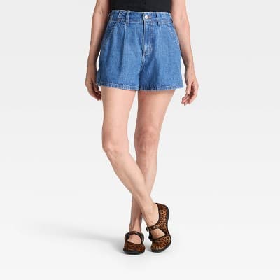 Women's High-Rise Pleated Jean Shorts - Universal Thread™ Dark Wash 16