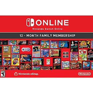 12-Month Nintendo Switch Online Family Membership (Digital Code) for $31.50