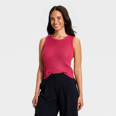 Women's Crewneck Drop Needle Pullover Sweater Tank - A New Day™ Red XL