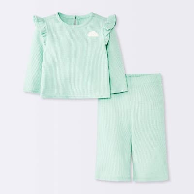 Baby Girls' 2pc Cloud Flutter Waffle Sweatshirt and Pull-On Pants Set - Cloud Island™ Green 18M