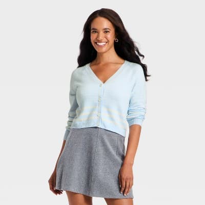 Women's Long Sleeve V-Neck Cardigan - A New Day™ Blue Striped M