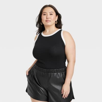 Women's Slim Fit Ribbed Highneck Tank Top - A New Day™ Black/White 1X: Cotton Modal Blend, Sleeveless Pullover, Knit Fabric