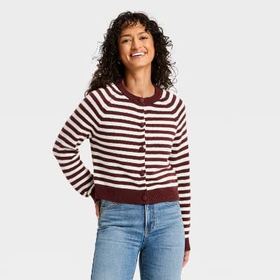 Women's Crewneck Cotton Cardigan - Universal Thread™ Maroon Striped XL