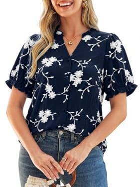 Womens Button Down Blouse with Puff Sleeves & Ruffles