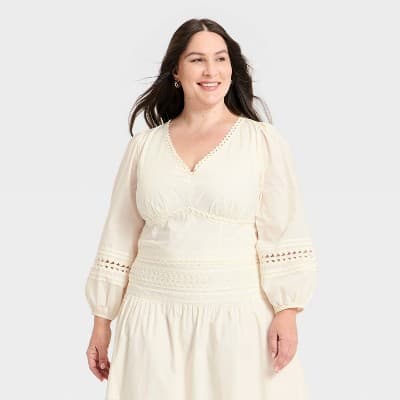 Women's Long Sleeve Eyelet Detail Top - A New Day™ Cream 3X