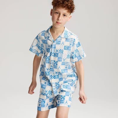 Boys' Short Sleeve Patchwork Printed Linen Blend Button-Up Shirt - Cat & Jack™ Blue M