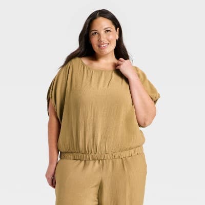 Women's Modern Gauze Balloon Top - A New Day™ Brown XXL