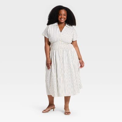 Women's Plus Dolman Short Sleeve Maxi Shirtdress - Ava & Viv™ Cream/Blue Striped 4X