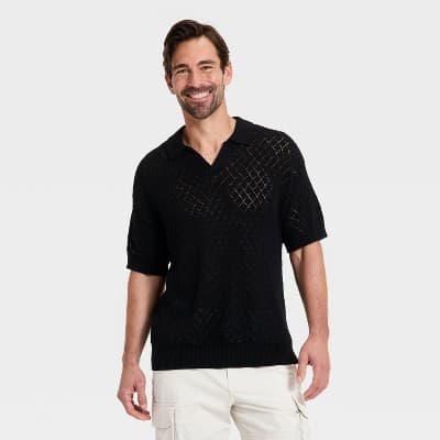 Men's Short Sleeve Open-Work Johnny Collar Polo Sweater - Goodfellow & Co™ Black L