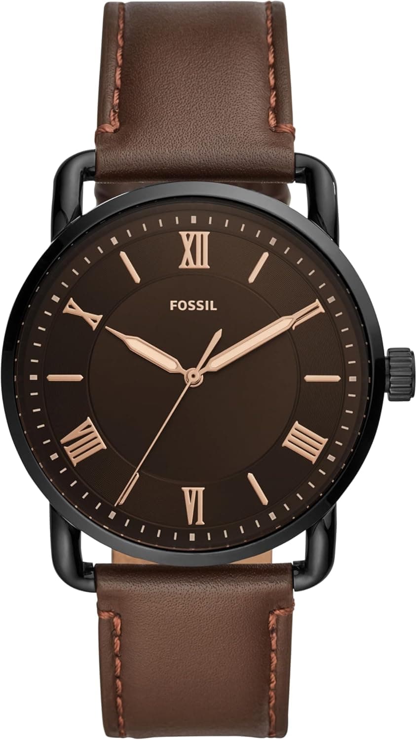 Fossil Men's Copeland Quartz Stainless Steel and Leather Three-Hand Watch for Men, 42MM, Color: Black, Dark Brown