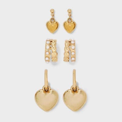 Pearl and Heart Hoop Trio Earring Set - Wild Fable™ Gold