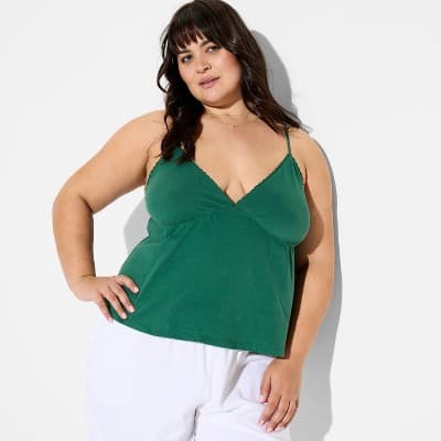 Women's Slim Fit Babydoll Lace Trim Cami - Wild Fable™ Dark Green 4X