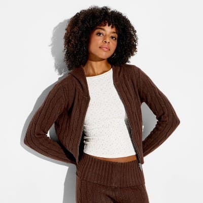 Women's Cable Zip Hoodie Cardigan - Wild Fable™ Brown XXS