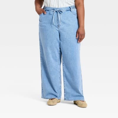Women's High-Rise Tie-Front Straight Leg Beach Jeans - Ava & Viv™ Light Wash 28