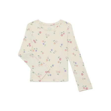 Wonder Nation Girls Printed Rib Tee with Long Sleeves, Sizes 4-10