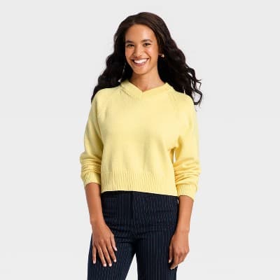 Women's Long Sleeve High V-Neck Pullover Sweater - A New Day™ Light Yellow XL