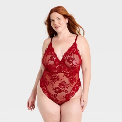 Women's Eyelash Lace High Leg Lingerie Teddy Bodysuit - Auden™ Red 1X