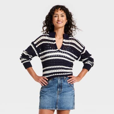 Women's Openwork V-Neck Striped Pullover Sweater - Universal Thread™ Navy Blue L