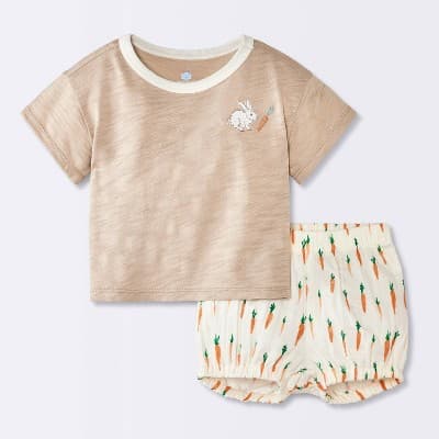 Baby Boys' 2pc Embroidered Carrot Short Sleeve T-Shirt and Bloomer Set - Cloud Island™ Brown 3-6M