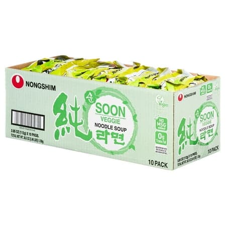 Nongshim Soon Veggie Vegan Ramen Noodle Soup, 3.95oz, 10 Count Pack