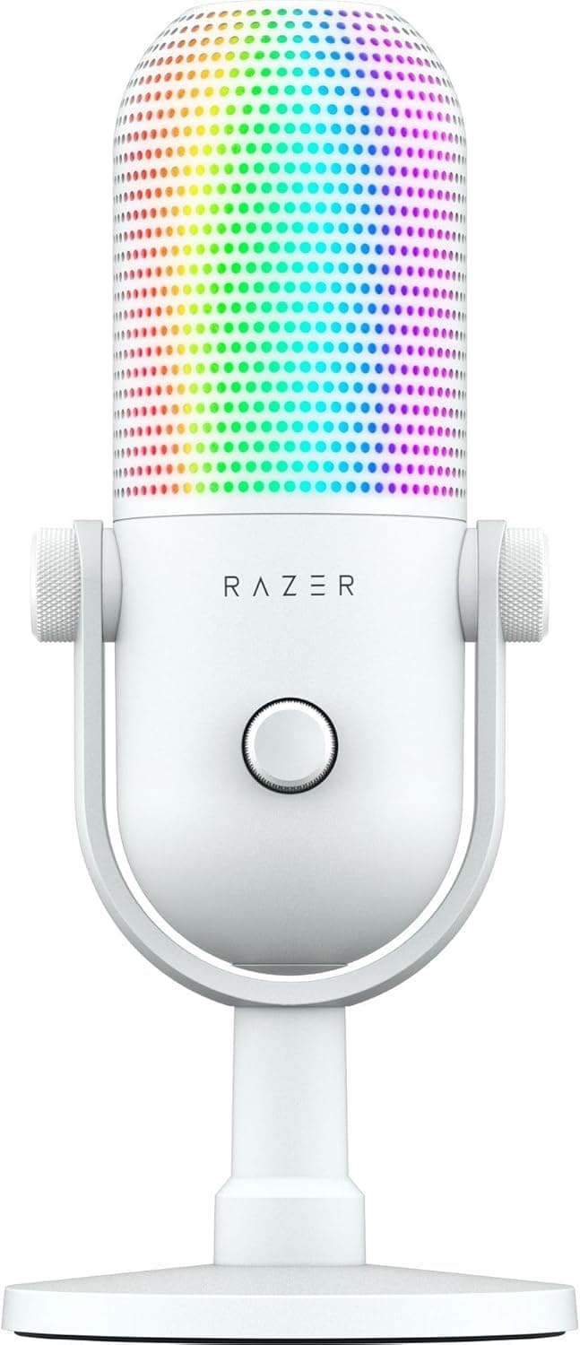 Razer Seiren V3 Chroma RGB USB Microphone: Stream & Game Reactive Lighting - Tap-to-Mute Sensor - Condenser Mic - Digital Gain Limiter & Shock Absorber - PC, Discord, OBS Studio, XSplit - White