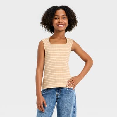 Girls' Square Neck Ribbed Top - art class™ Beige S