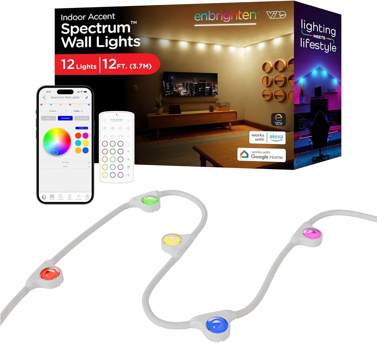 Enbrighten Vibe Smart LED Indoor Downlights Color Changing Accent Lights, Compatible with Alexa & Google Home, Music Sync, 12ft with 12 Lights, White (85832)