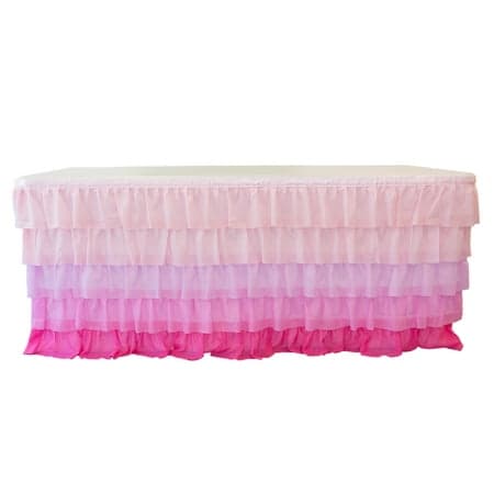 RTC Group 100% Polyester Tulle Ruffle Table Skirt Cover 6ft, 72 x 30 - Birthday Parties, Wedding, Party Decorations, Gradiant Pink
