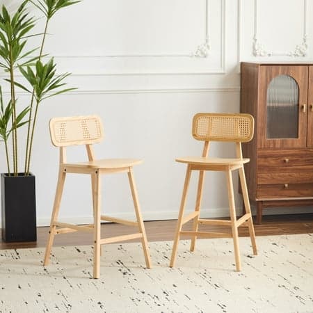 Christopher Knight Home 25.75" Mid-Century Modern Barstools with Rattan Backrest and Solid Wood Frame, Natural, Set of 2