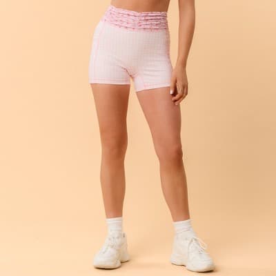 Blogilates Women's Ruched Waist Bike Shorts - Pink Gingham L
