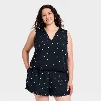 Women's Printed Lace Trim V-Neck Tank Top - A New Day™ Black Polka Dots 4X