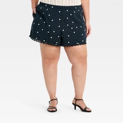 Women's Lace Trim Printed Fashion Pull-On Shorts 3" - A New Day™ Black Polka Dots 1X
